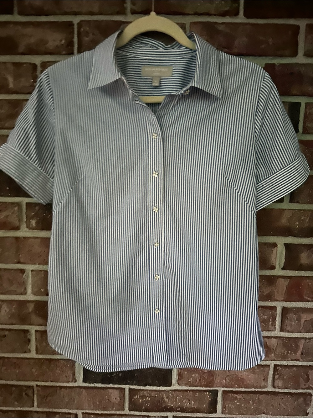 Women’s Size 6 Short-Sleeve Navy Stripe Button-Up Shirt with decorative buttons